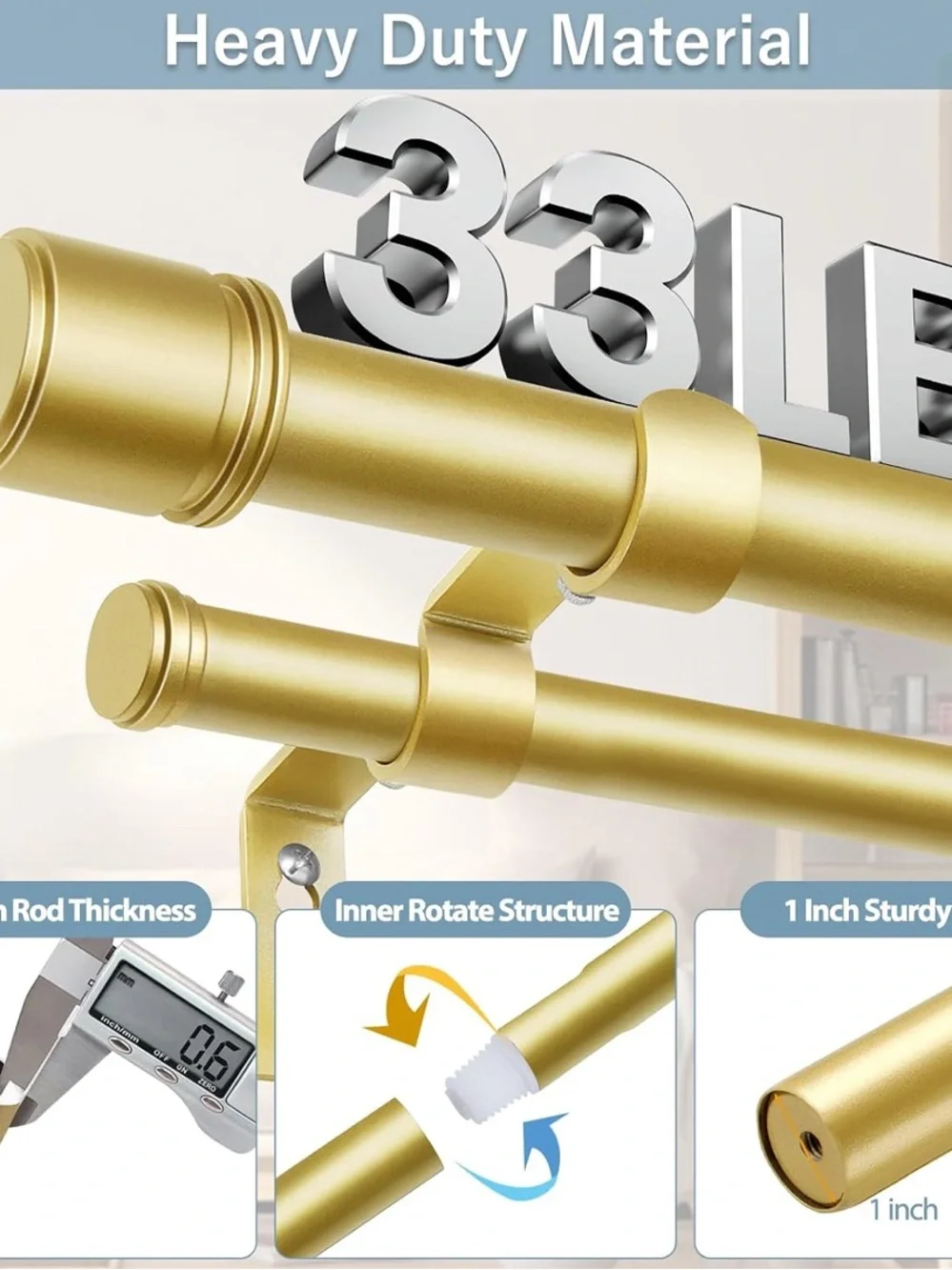 HOTOZON 32-86in Telescoping Curtain Rod 1in Dia Gold Metal Wall Mount Set